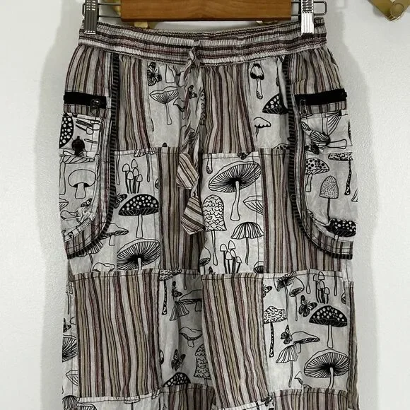 Rising International Mushroom Print Pants Size Medium Patchwork Pockets Pull On - Picture 2 of 10